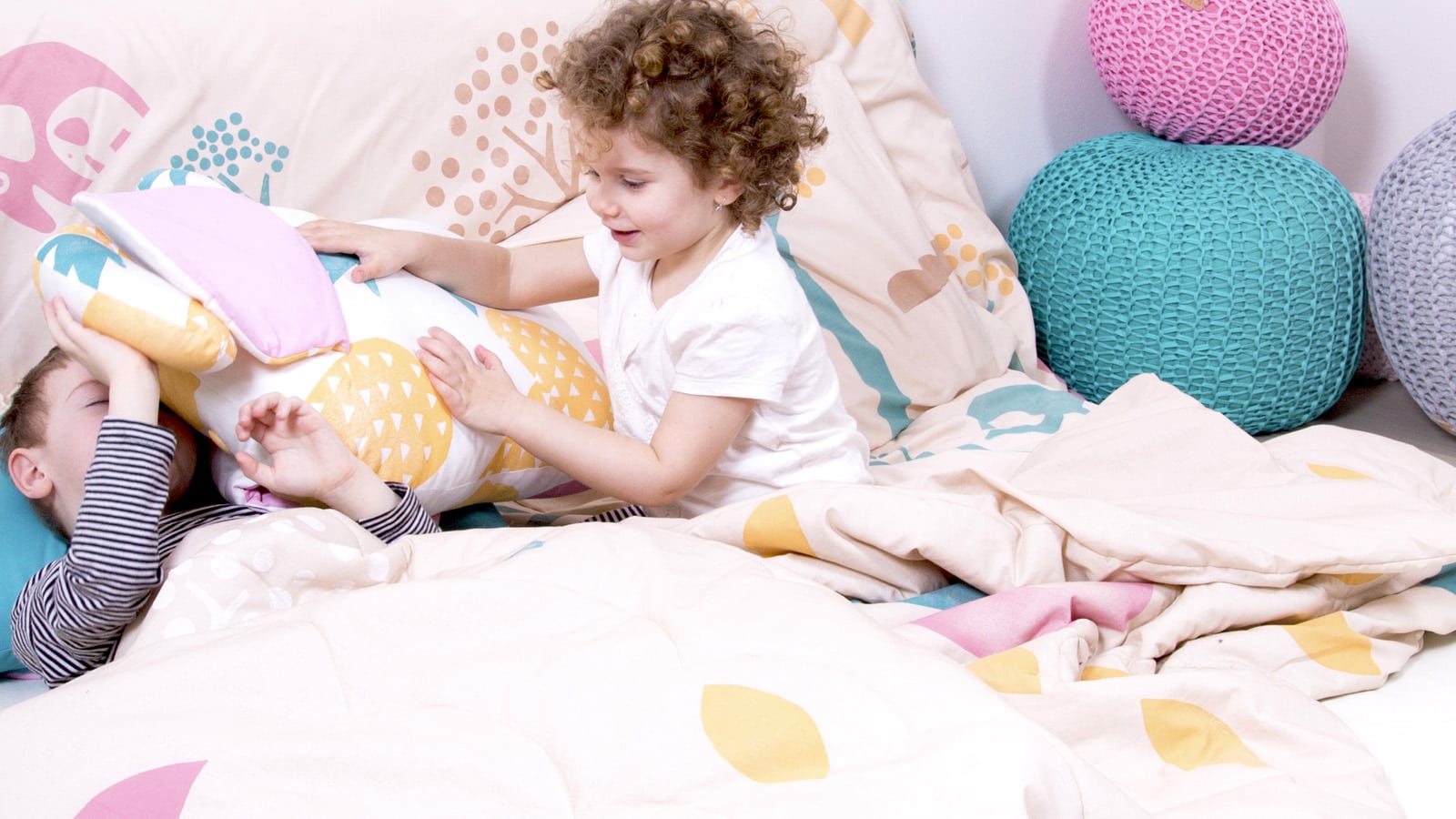 dětské povlečení, dětský textil, dětské pufy, barevné pufy, pletené pufy, barevné povlečení, kvalitní povlečení